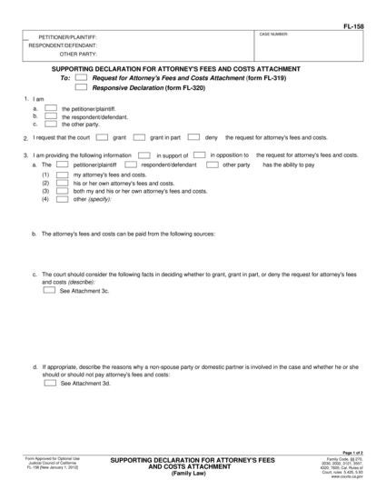 View FL-158 Supporting Declaration for Attorney's Fees and Costs Attachment form
