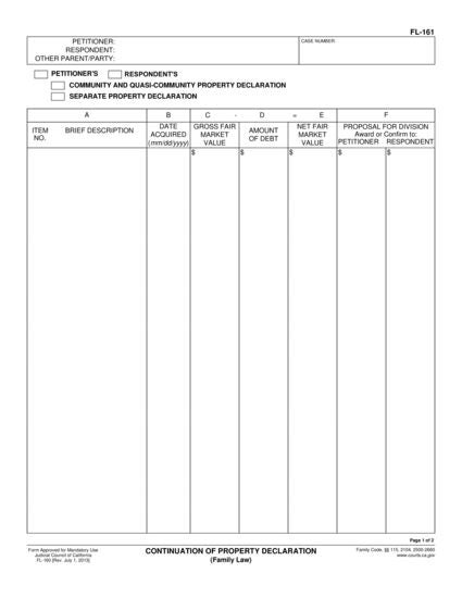View FL-161 Continuation of Property Declaration form