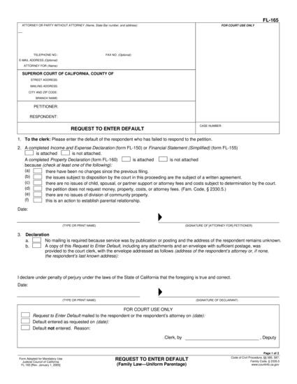 View FL-165 Request to Enter Default (Uniform Parentage) form