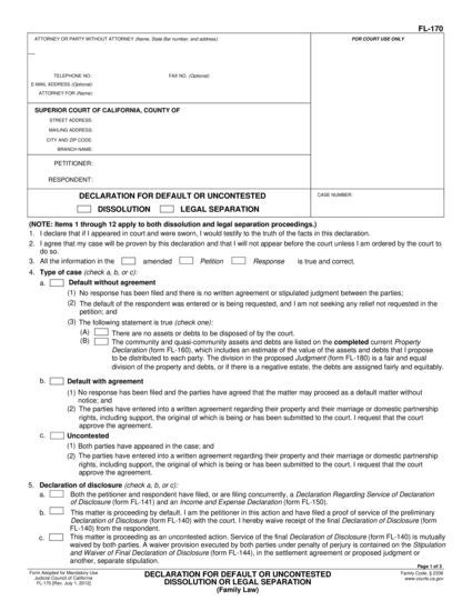 View FL-170 Declaration for Default or Uncontested Dissolution or Legal Separation (Family Law) form