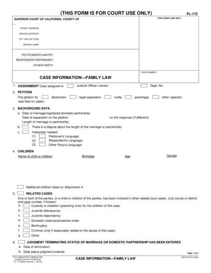 View FL-172 Case Information—Family Law form