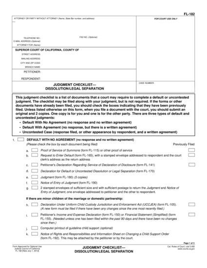 View FL-182 Judgment Checklist—Dissolution/Legal Separation form
