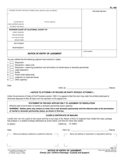 View FL-190 Notice of Entry of Judgment (Uniform Parentage—Custody and Support) form