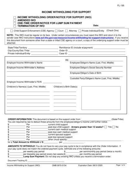 View FL-195 Income Withholding for Support form