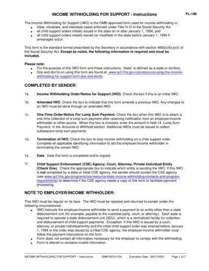 View FL-196 Income Withholding for Support—Instructions form