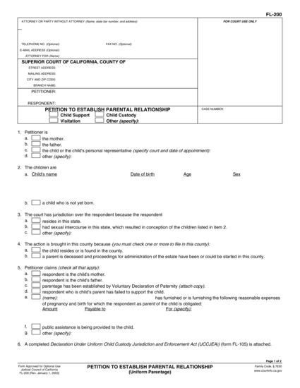 View FL-200 Petition to Determine Parental Relationship (Uniform Parentage) form
