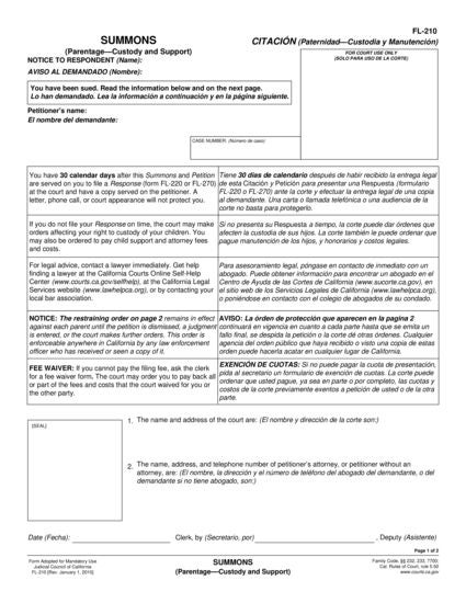View FL-210 Summons (Uniform Parentage—Petition for Custody and Support) (incl. Spanish) form
