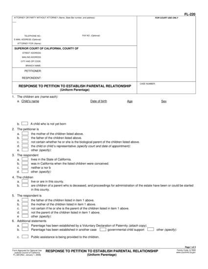 View FL-220 Response to Petition to Determine Parental Relationship (Uniform Parentage) form