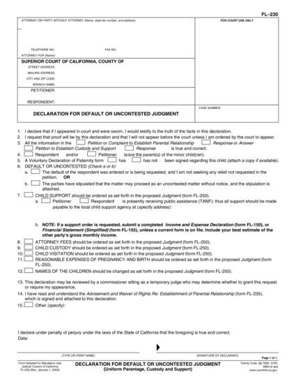 View FL-230 Declaration for Default or Uncontested Judgment (Uniform Parentage—Custody and Support) form