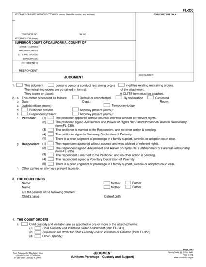View FL-250 Judgment (Uniform Parentage—Custody and Support) form
