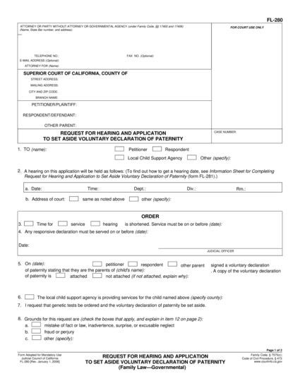 View FL-280 Request for Hearing and Application to Cancel (Set Aside) Voluntary Declaration of Parentage or Paternity form