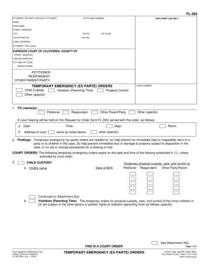 View FL-305 Temporary Emergency (Ex Parte) Orders form