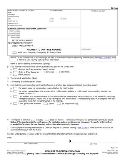 View FL-306 Request to Reschedule Hearing (Family Law—Governmental—Uniform Parentage—Custody and Support) form