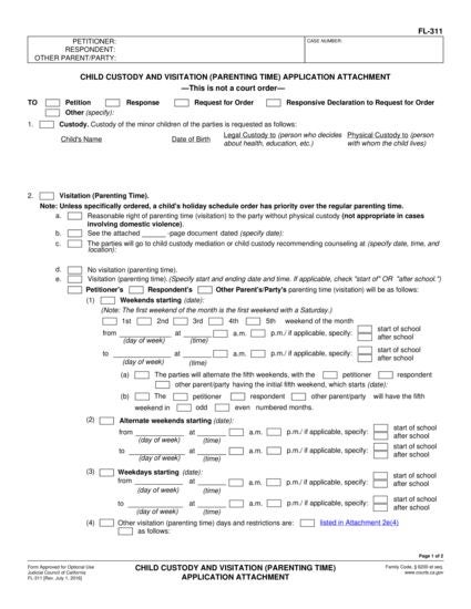 View FL-311 Child Custody and Visitation (Parenting Time) Application Attachment form