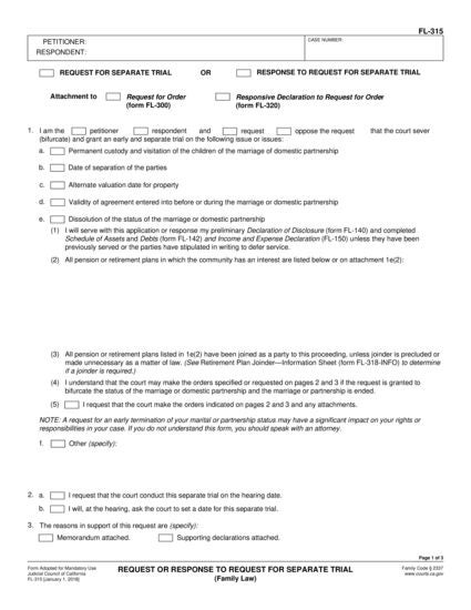 View FL-315 Request or Response to Request for Separate Trial form