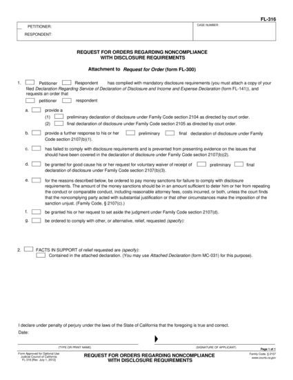 View FL-316 Request for Orders Regarding Noncompliance With Disclosure Requirements form
