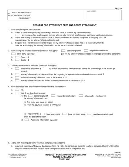 View FL-319 Request for Attorney's Fees and Costs Attachment form