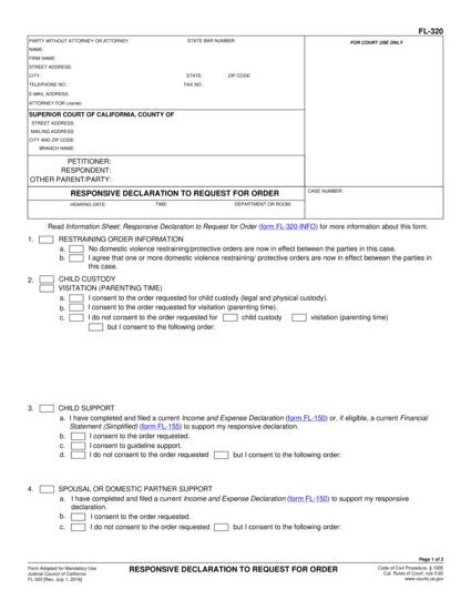 View FL-320 Responsive Declaration to Request for Order form