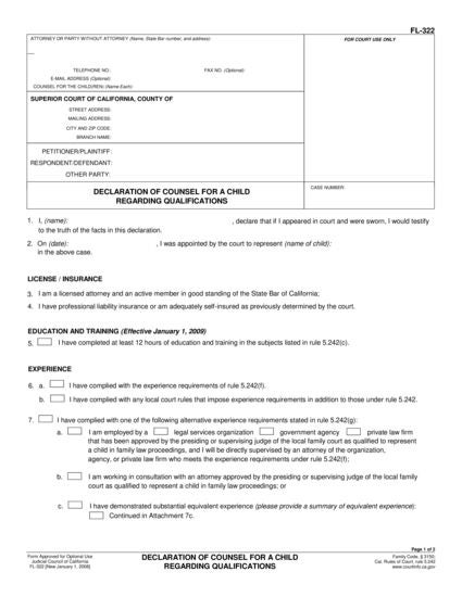 View FL-322 Declaration of Counsel for a Child Regarding Qualifications form