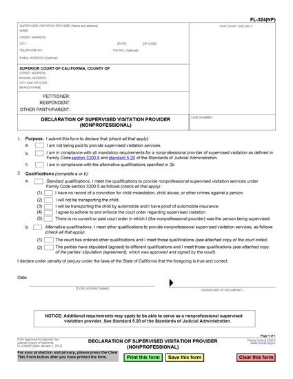 View FL-324(NP) Declaration of Supervised Visitation Provider (NonProfessional) form