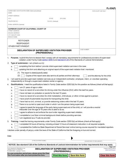 View FL-324(P) Declaration of Supervised Visitation Provider (Professional) form