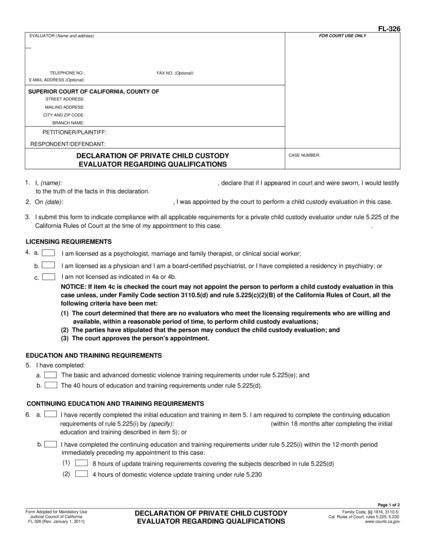 View FL-326 Declaration of Private Child Custody Evaluator Regarding Qualifications form