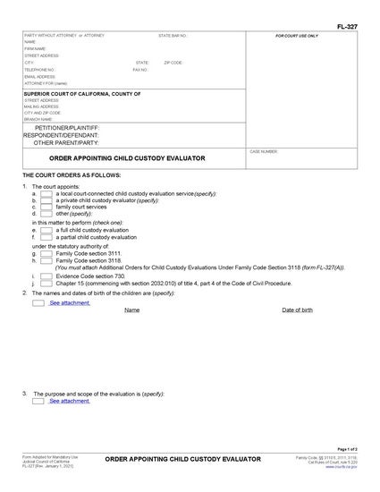 View FL-327 Order Appointing Child Custody Evaluator form