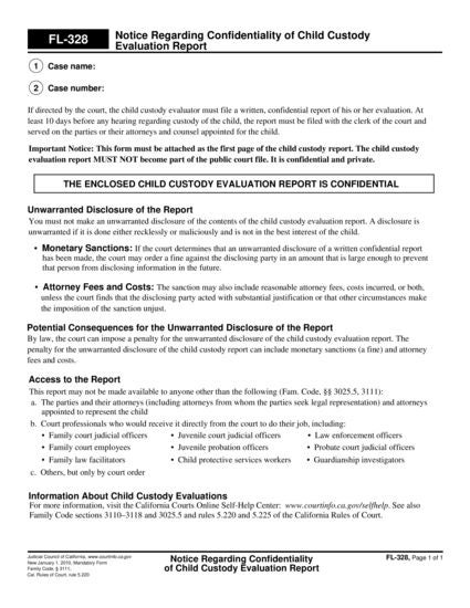 View FL-328 Notice Regarding Confidentiality of Child Custody Evaluation Report form