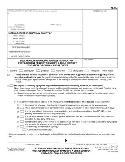 View FL-334 Declaration Regarding Address Verification—Postjudgment Request to Modify a Child Custody, Visitation, or Child Support Order form