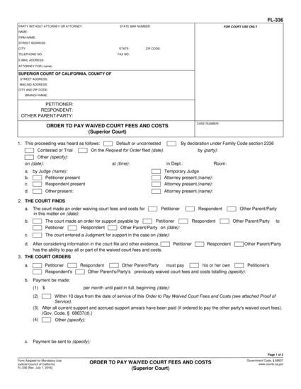 View FL-336 Order to Pay Waived Court Fees and Costs (Superior Court) form