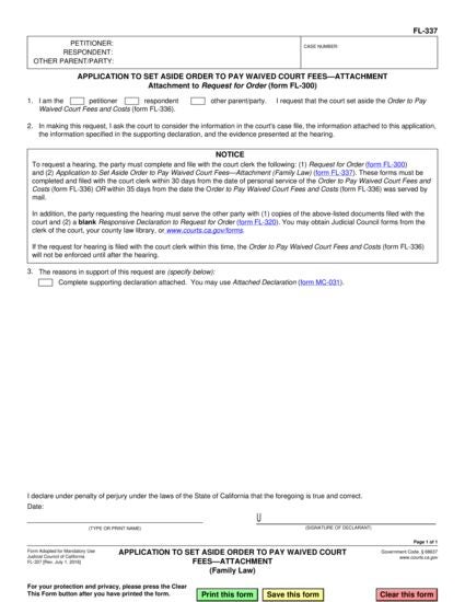 View FL-337 Application to Set Aside Order to Pay Waived Court Fees—Attachment form