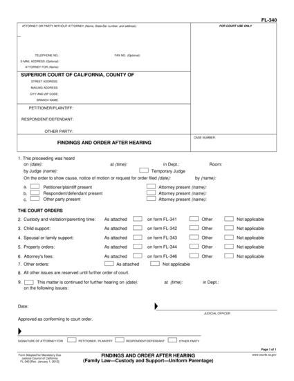 View FL-340 Findings and Order After Hearing form