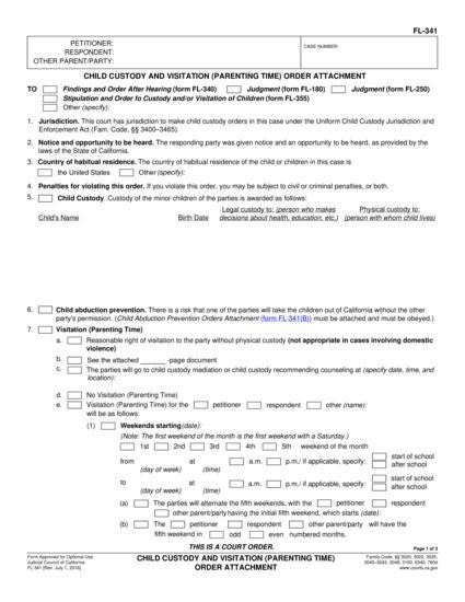 View FL-341 Child Custody and Visitation (Parenting Time) Order Attachment form