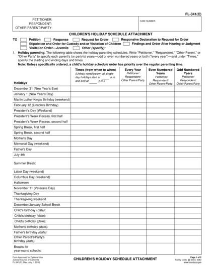 View FL-341(C) Children's Holiday Schedule Attachment form