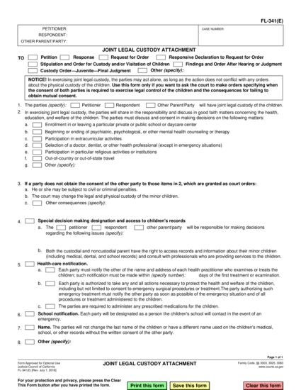 View FL-341(E) Joint Legal Custody Attachment form