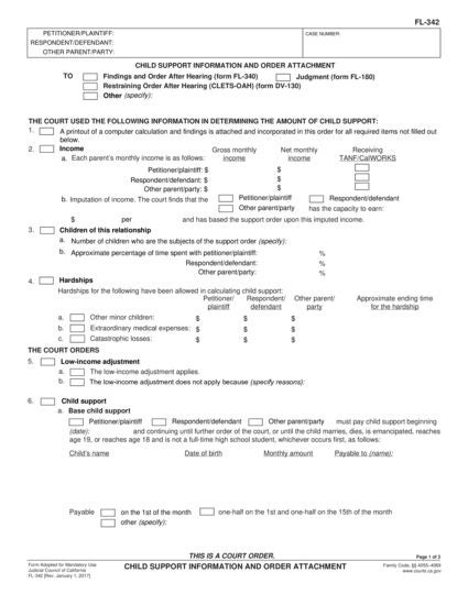 View FL-342 Child Support Information and Order Attachment form