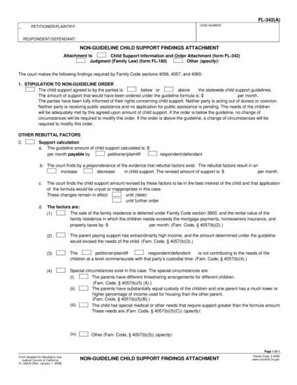View FL-342(A) Non-Guideline Support Findings Attachment form