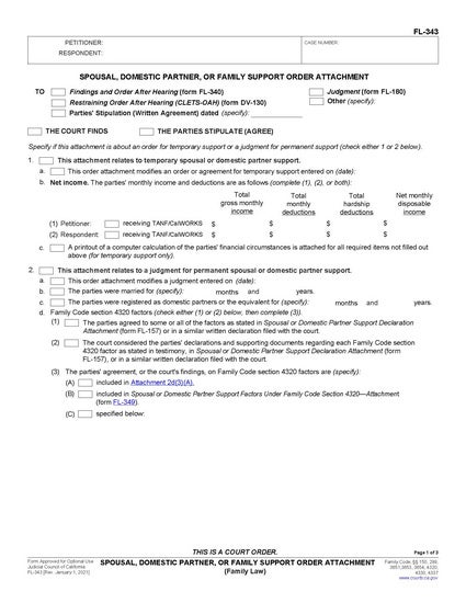 View FL-343 Spousal, Domestic Partner, or Family Support Order Attachment form