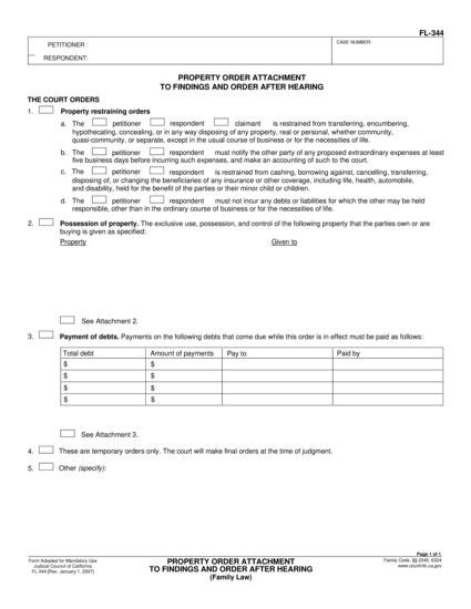 View FL-344 Property Order Attachment to Findings and Order After Hearing form