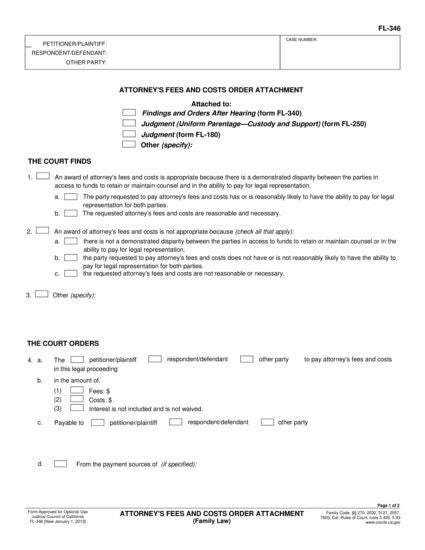 View FL-346 Attorney's Fees and Costs Order Attachment form
