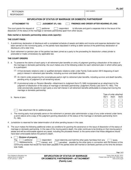 View FL-347 Bifurcation of Status of Marriage or Domestic Partnership—Attachment form