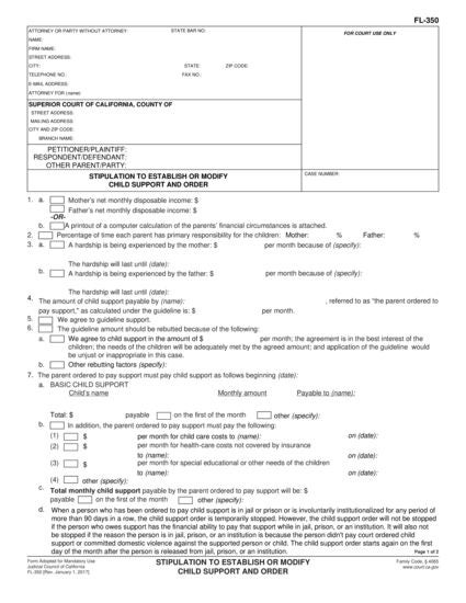 View FL-350 Stipulation to Establish or Modify Child Support and Order form