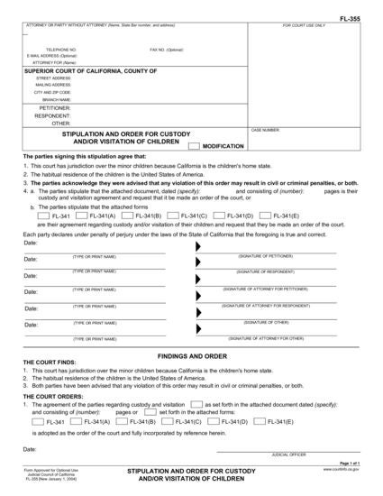 View FL-355 Stipulation and Order for Custody and/or Visitation of Children form