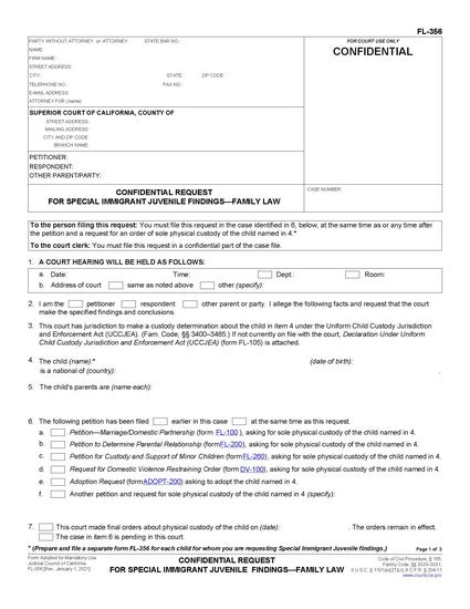 View FL-356 Confidential Request for Special Immigrant Juvenile Findings—Family Law form