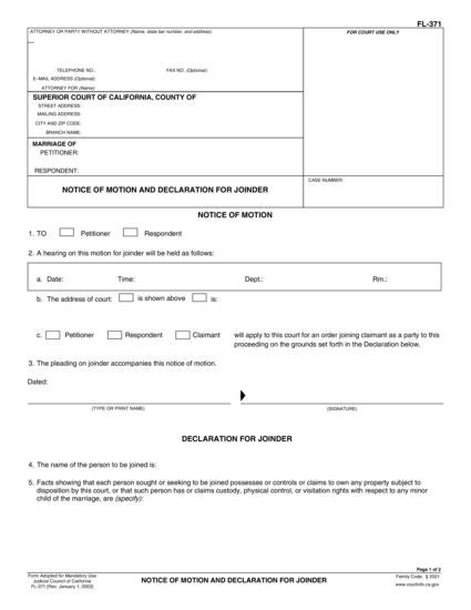 View FL-371 Notice of Motion and Declaration for Joinder form