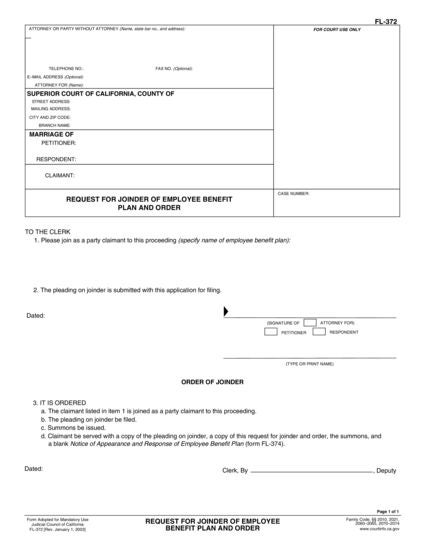 View FL-372 Request for Joinder of Employee Benefit Plan Order form