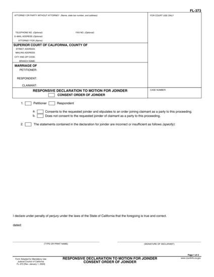 View FL-373 Responsive Declaration to Motion for Joinder and Consent Order of Joinder form