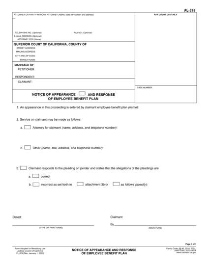 View FL-374 Notice of Appearance and Response of Employee Benefit Plan form