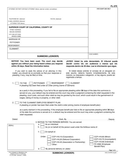 View FL-375 Summons (Joinder) form