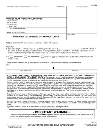 View FL-380 Application for Expedited Child Support Order form